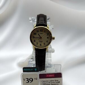 New Timex T20071WF Indiglo Women's Gold Tone Brown Leather Strap Watch 30M WR